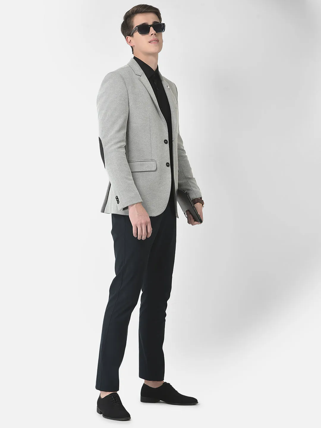 Textured Grey Single-Breasted Blazer
