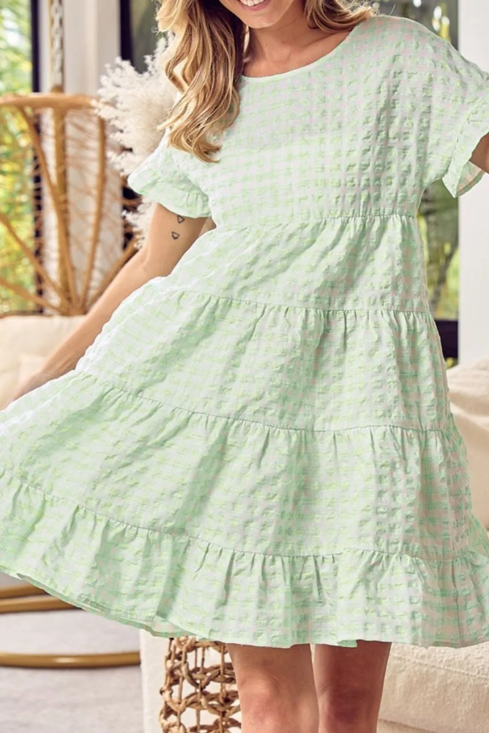 Textured Short Sleeve Tiered Mini Dress