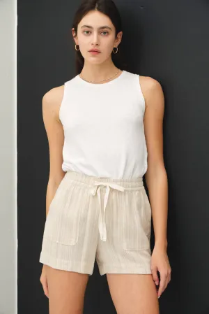 TEXTURED STRIPED SHORTS W DRAWSTRING ELASTIC WAIST