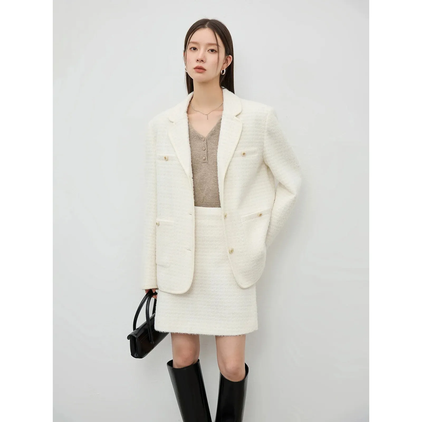 Textured Tweed Blazer and Skirt Set