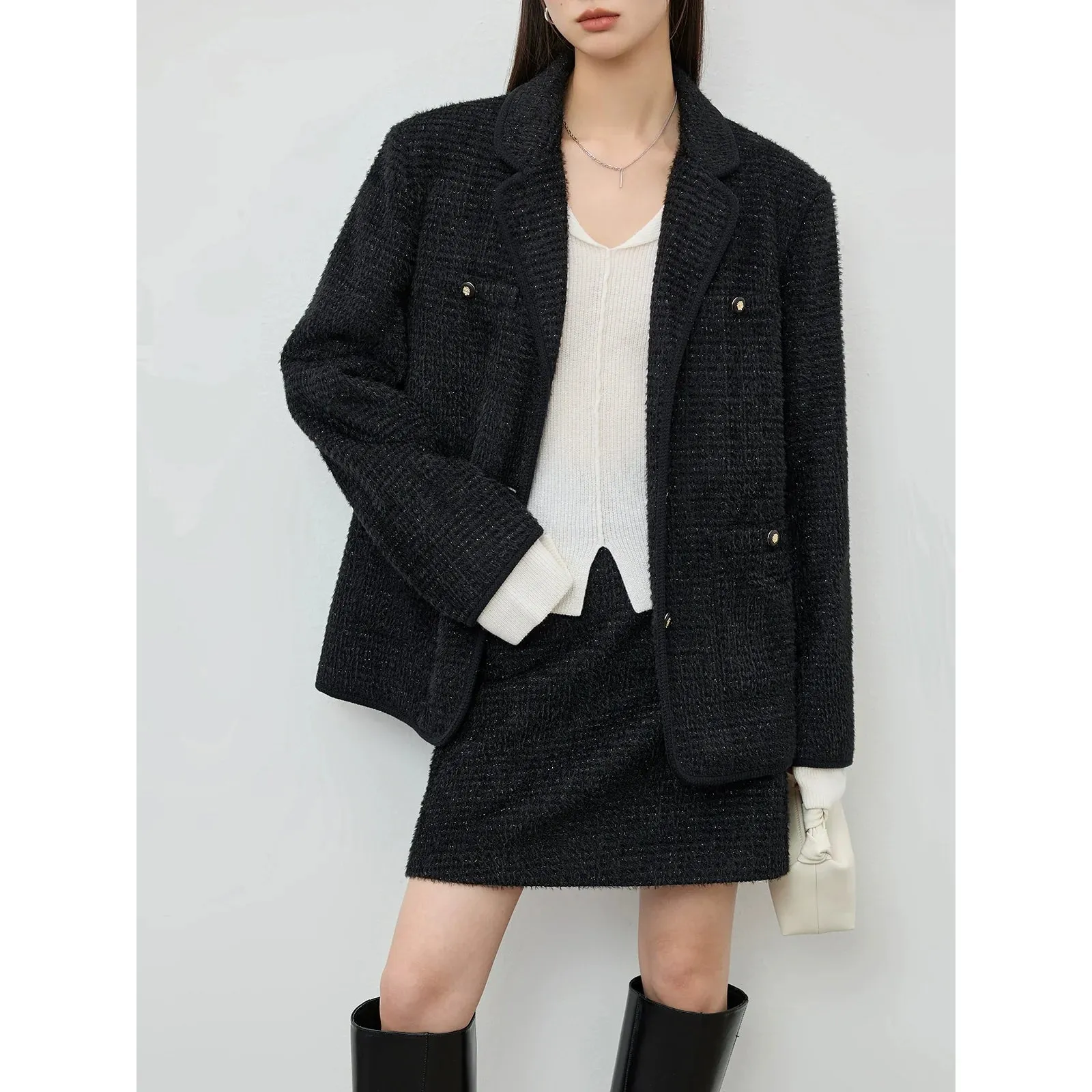 Textured Tweed Blazer and Skirt Set
