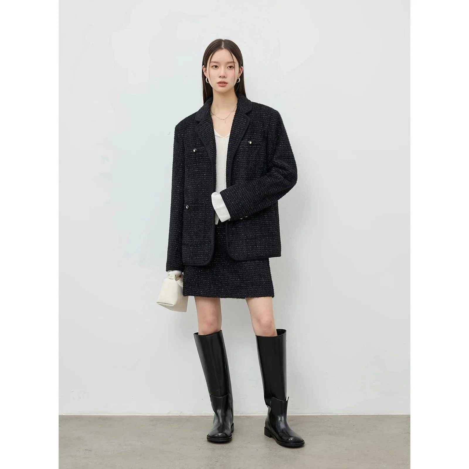 Textured Tweed Blazer and Skirt Set