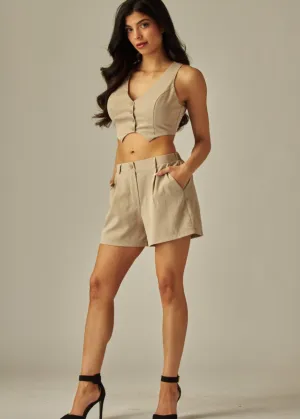 Textured Woven Vest With Pleated Short Set