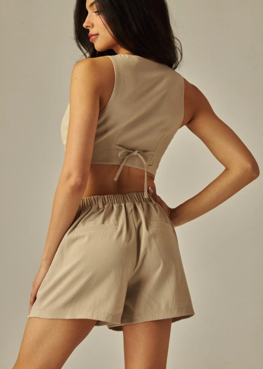 Textured Woven Vest With Pleated Short Set