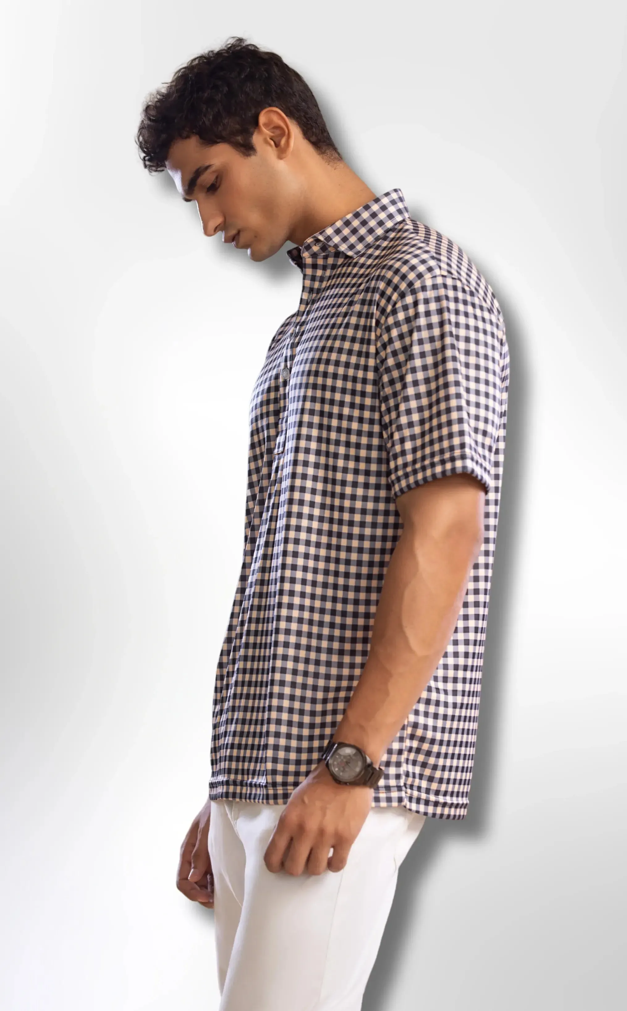 The Dressy Polo Semi-Spread Collar Black and Brown Gingham