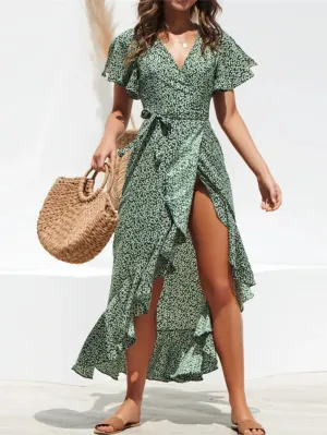 Tied Ruffled Printed Short Sleeve Midi Wrap Dress