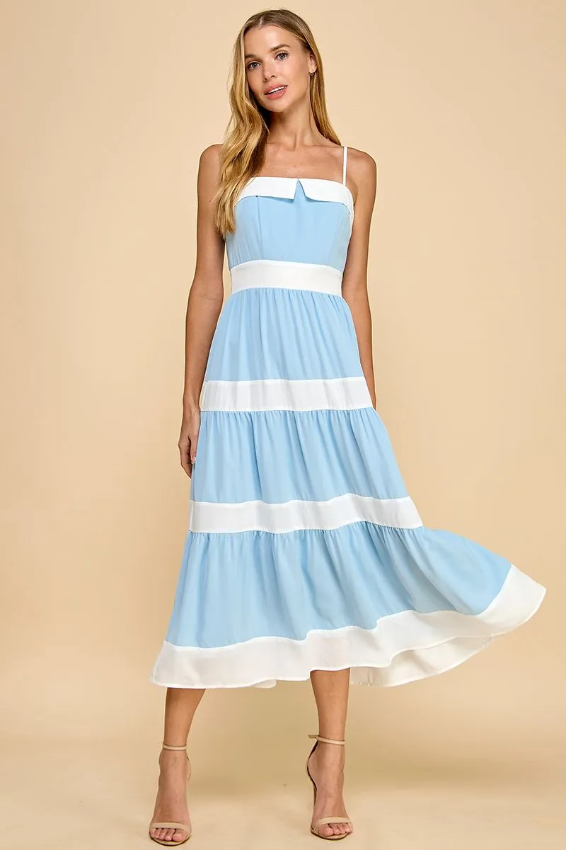 Tiered Midi Dress with Alternating Stripes