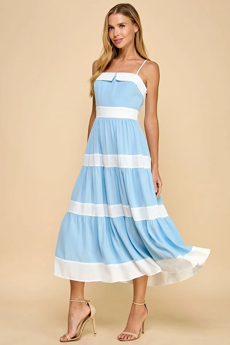 Tiered Midi Dress with Alternating Stripes