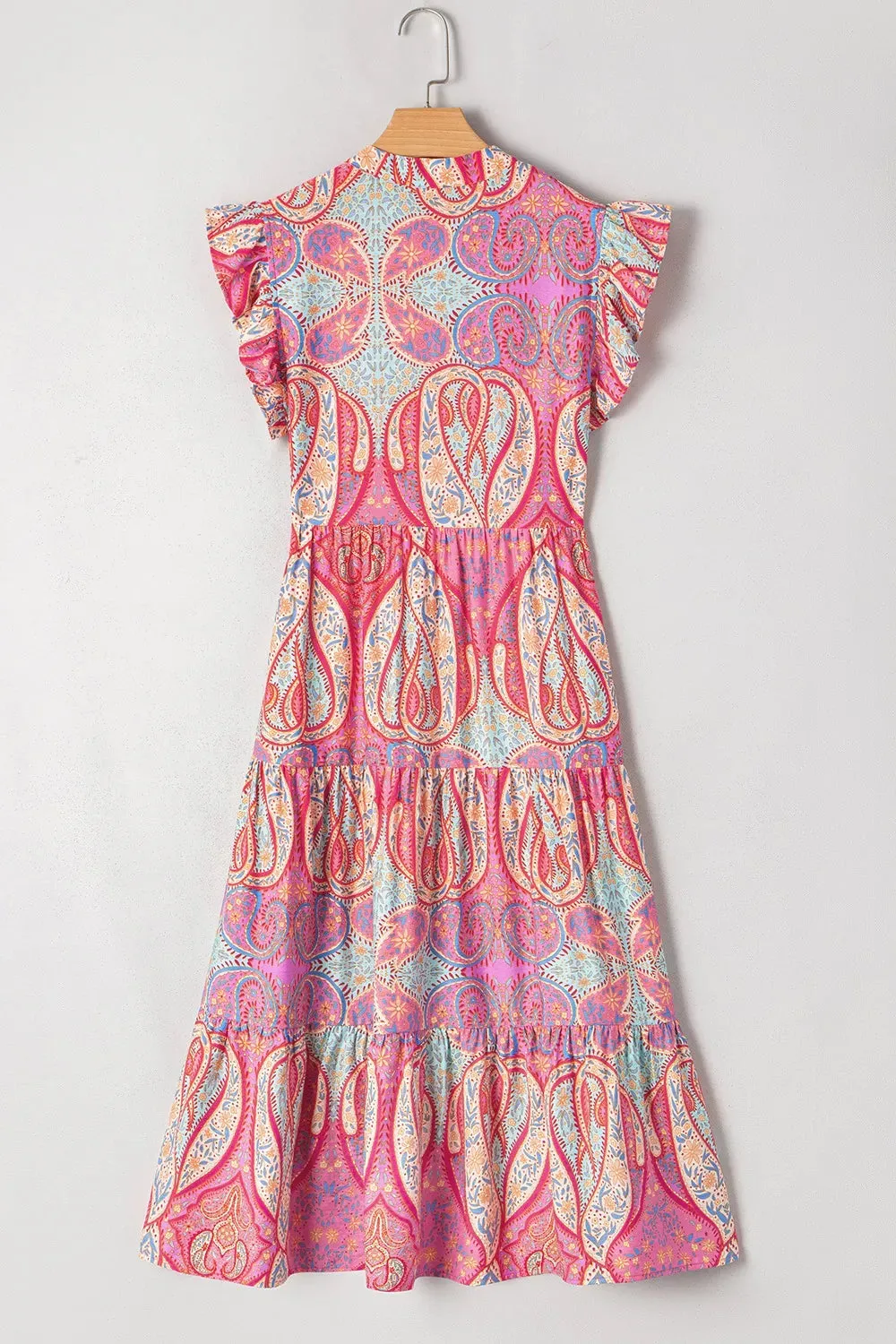 Tribal Paisley Print Ruffled Sleeve Notch Neck Midi Dress
