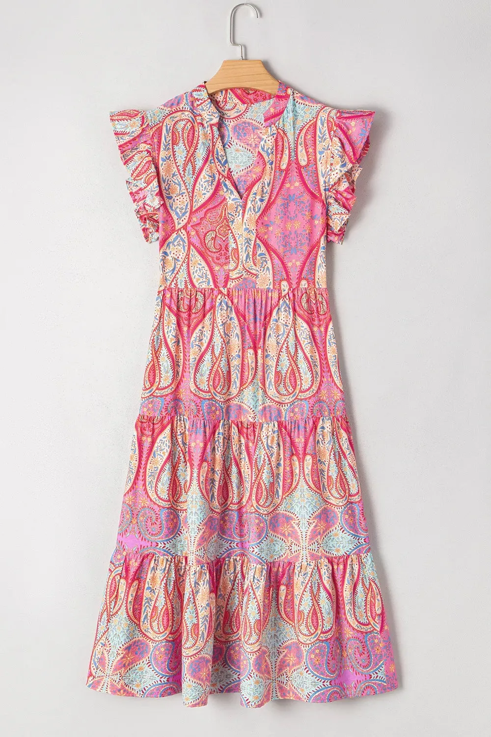 Tribal Paisley Print Ruffled Sleeve Notch Neck Midi Dress