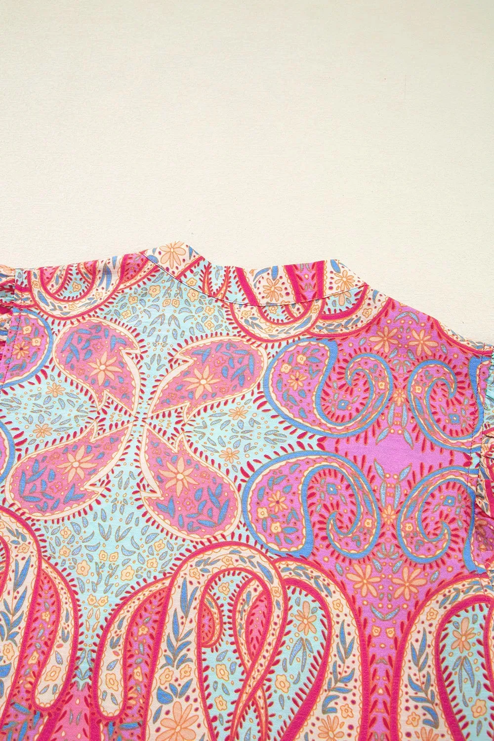Tribal Paisley Print Ruffled Sleeve Notch Neck Midi Dress
