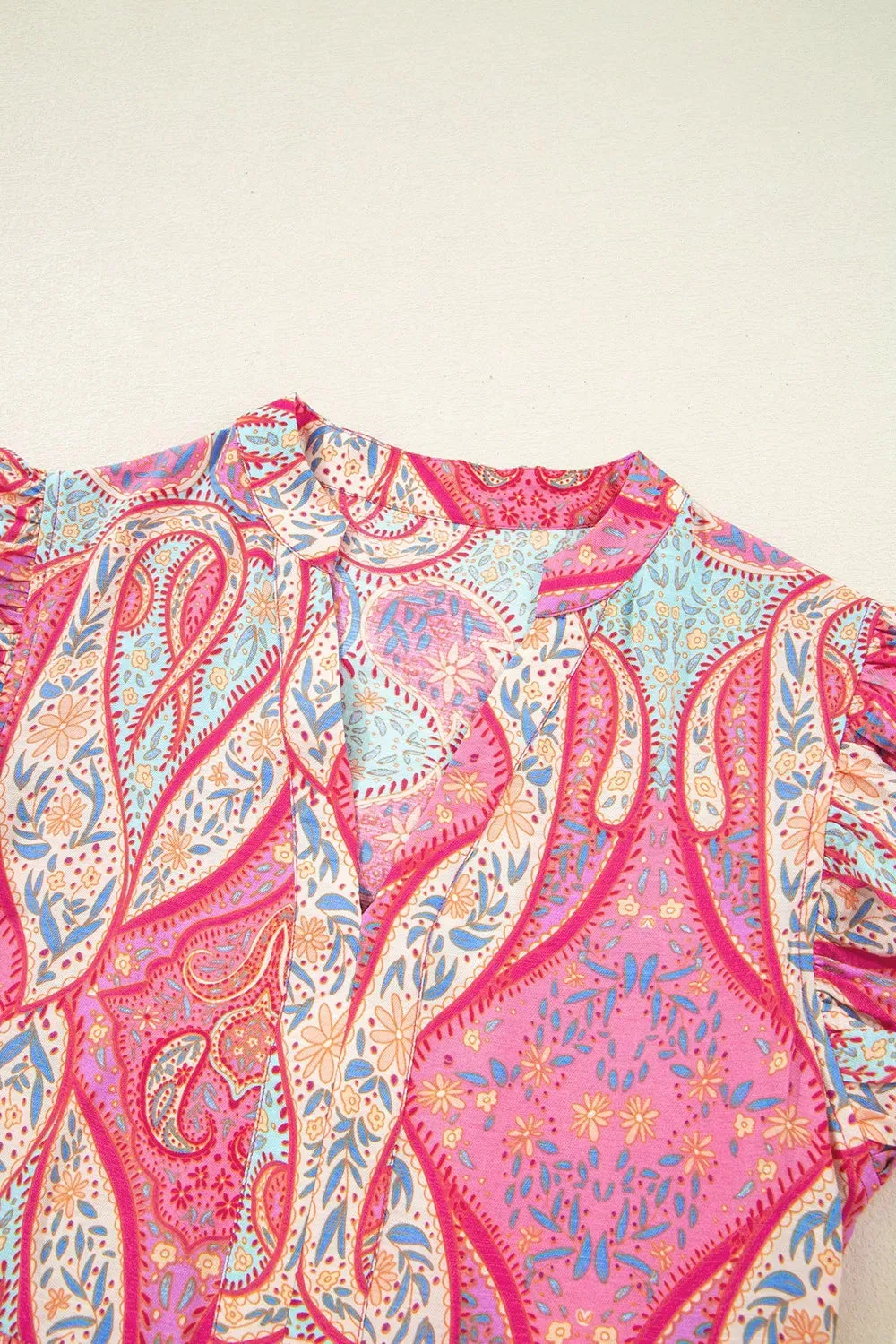 Tribal Paisley Print Ruffled Sleeve Notch Neck Midi Dress