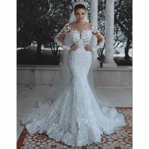 Trumpet/Mermaid Long Sleeves Sweetheart Sweep/Brush Train Applique Tulle Wedding Dresses