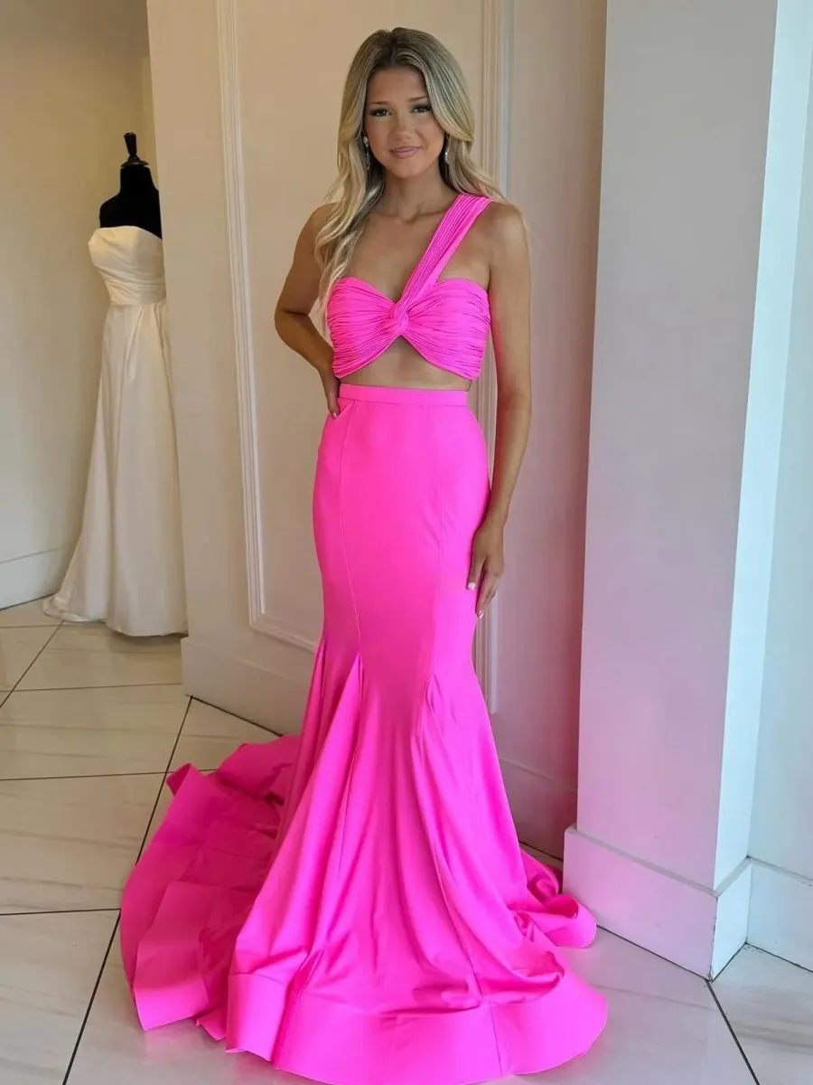 Two Piece One Shoulder Satin Mermaid Prom Dresses
