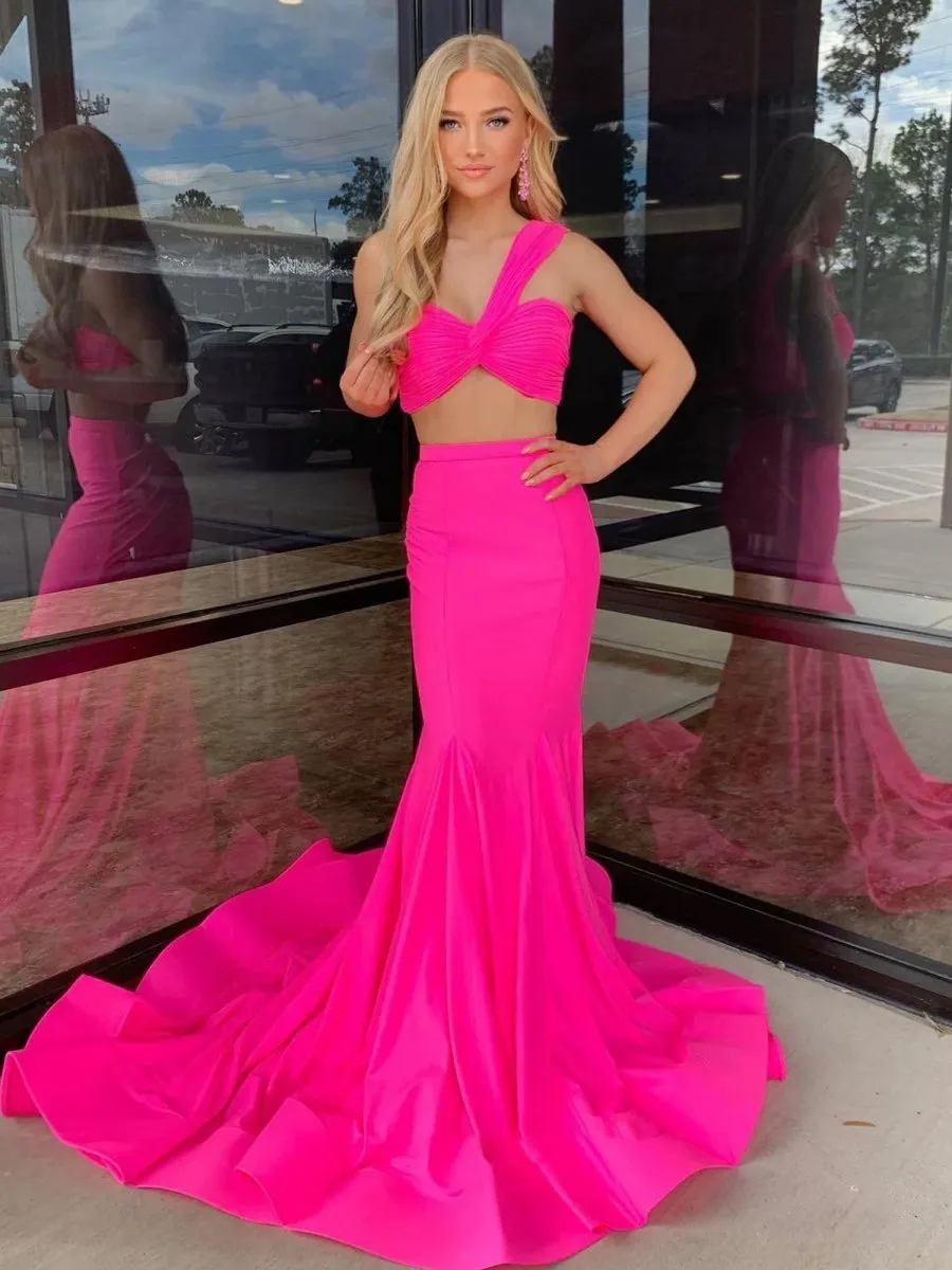 Two Piece One Shoulder Satin Mermaid Prom Dresses
