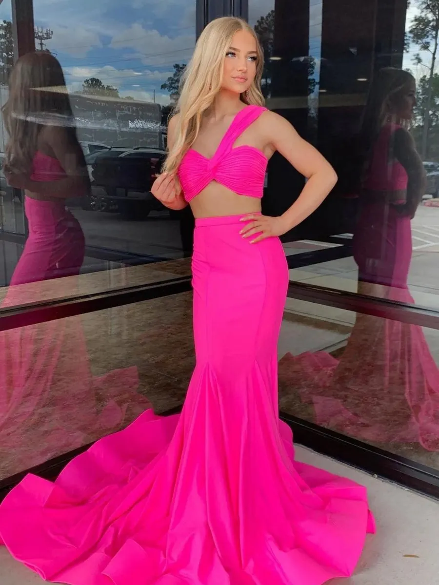 Two Piece One Shoulder Satin Mermaid Prom Dresses