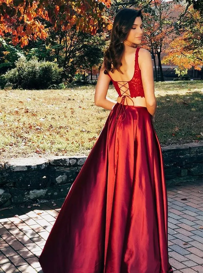 Two Pieces Scoop Sleeveless Burgundy Split Sexy Long Prom Dress OKG97