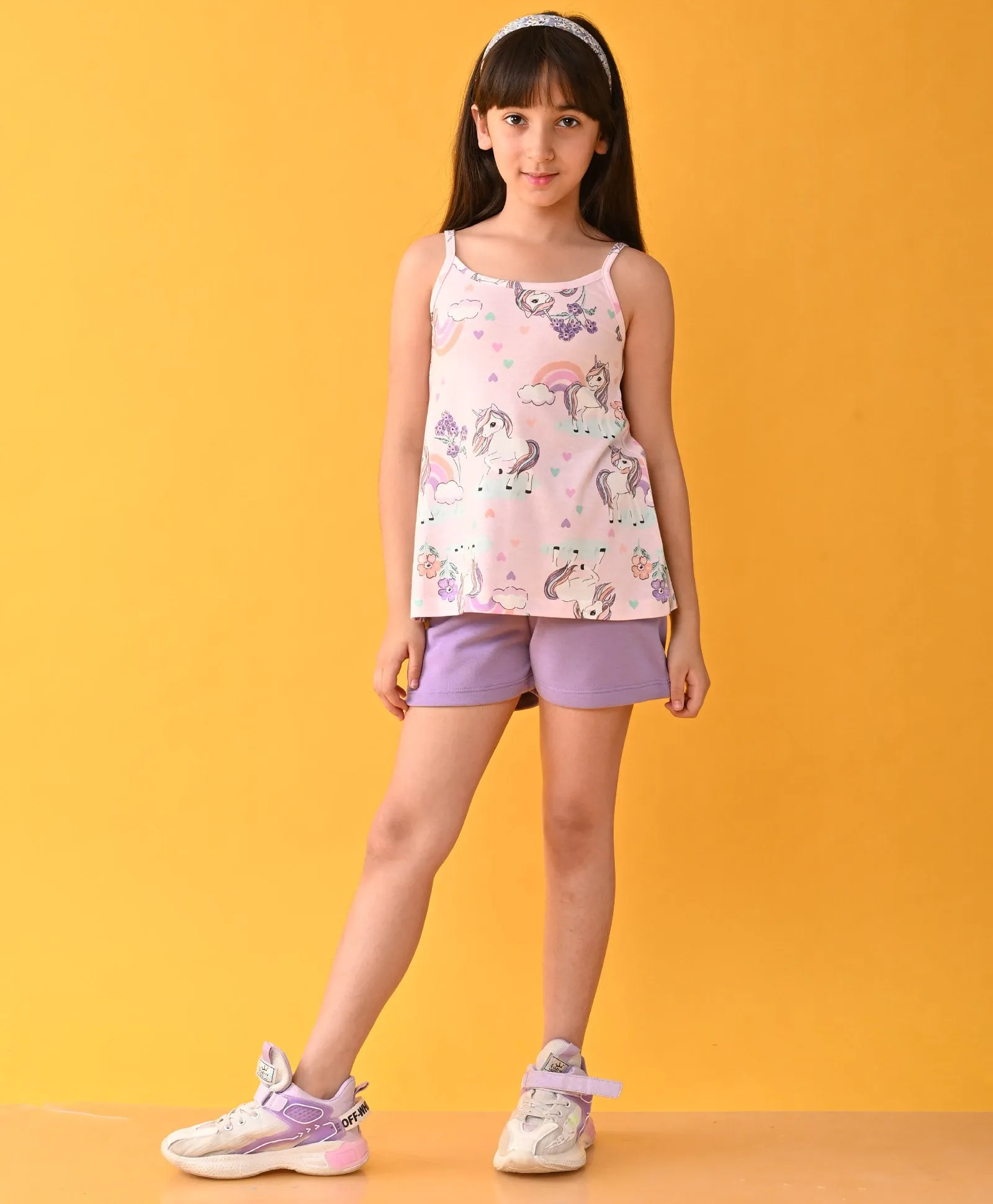 UNICORN FLOWERS STRAPPY PURPLE GIRLS SHORTS SET - PINK/PURPLE