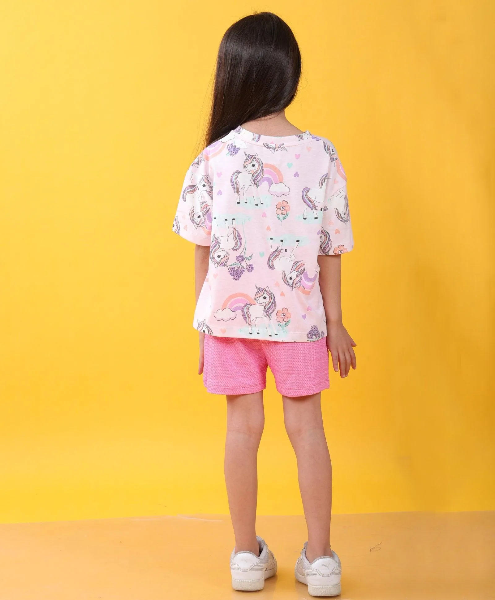 UNICORN HEART PINK POPCORN GIRLS SHORTS SET D - PINK