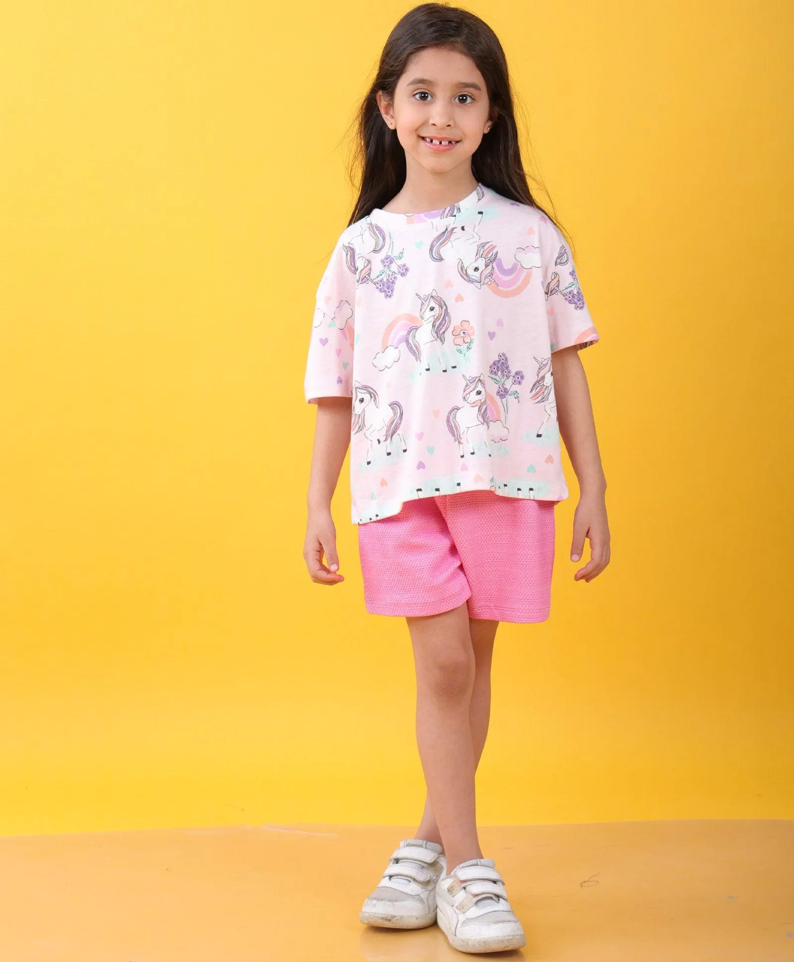 UNICORN HEART PINK POPCORN GIRLS SHORTS SET D - PINK