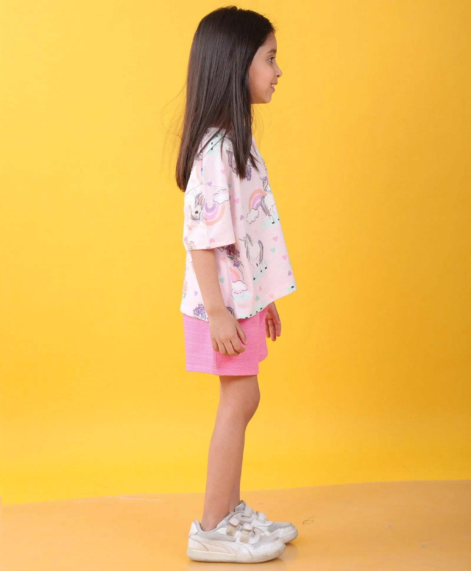 UNICORN HEART PINK POPCORN GIRLS SHORTS SET D - PINK