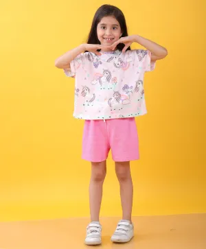 UNICORN HEART PINK POPCORN GIRLS SHORTS SET D - PINK