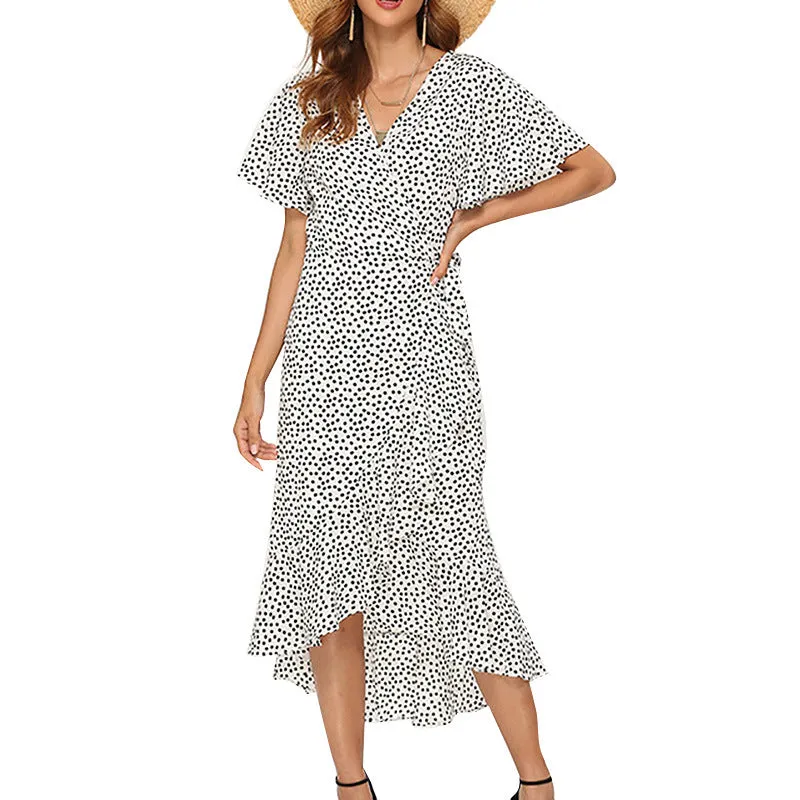 V-Neck Irregular High-Rise Lace-up Chiffon Print Skirt