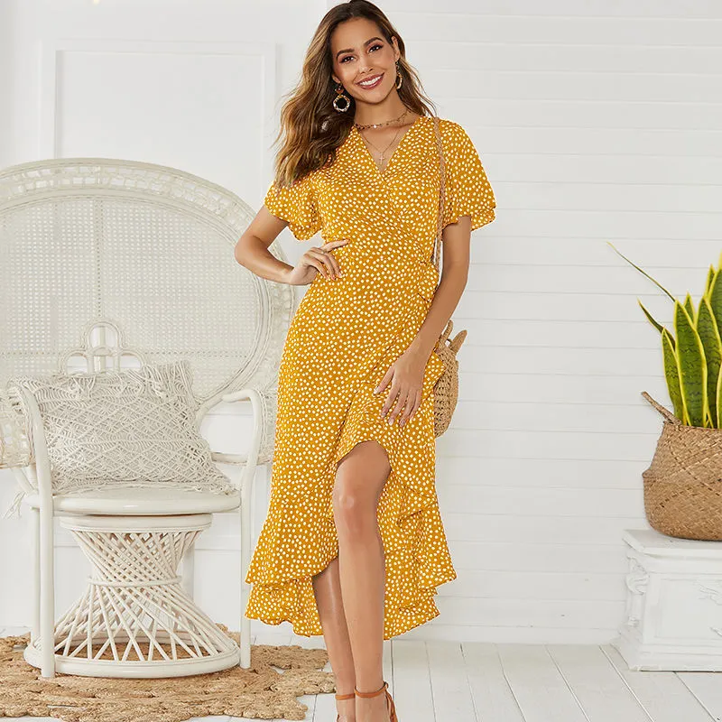 V-Neck Irregular High-Rise Lace-up Chiffon Print Skirt