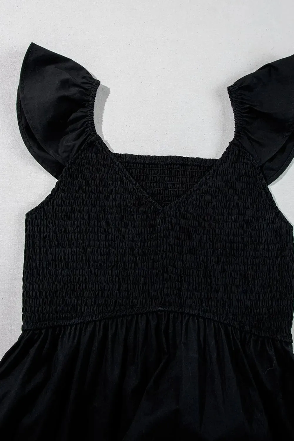 V Neck Ruffled Cap Sleeve Smocked Maxi Dress