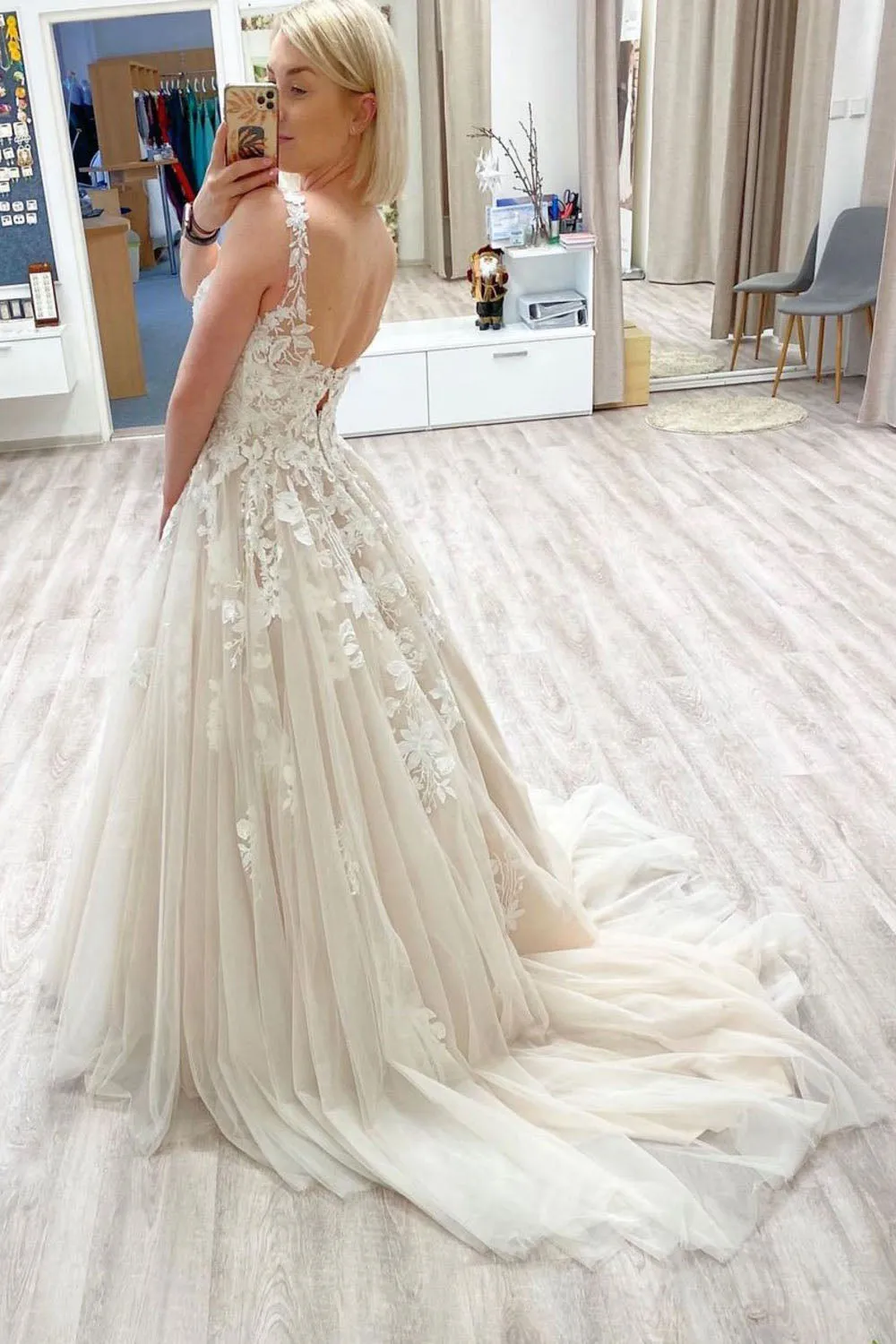 V Neck Tulle Long Prom Dress Lace Appliques A Line Evening Dress OK1173