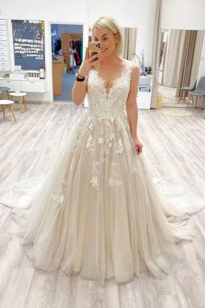 V Neck Tulle Long Prom Dress Lace Appliques A Line Evening Dress OK1173