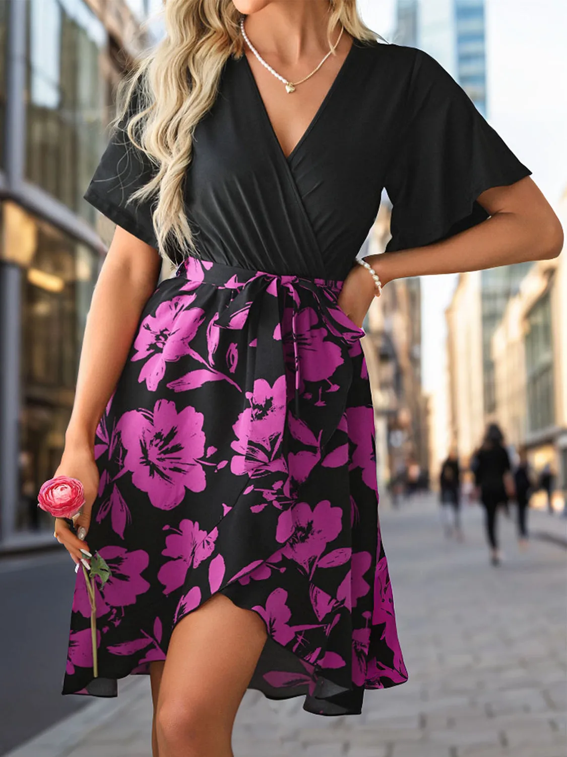 Vanessa Tied Printed Surplice Short Sleeve Dress - Online Exclusive