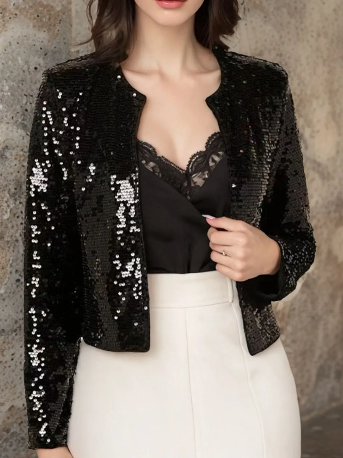 Victoria Sequin Open Front Cropped Jacket | Poundton | 10 Colors