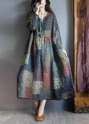 Vintage Colorblock Oversized Print Linen Long Dresses Fall