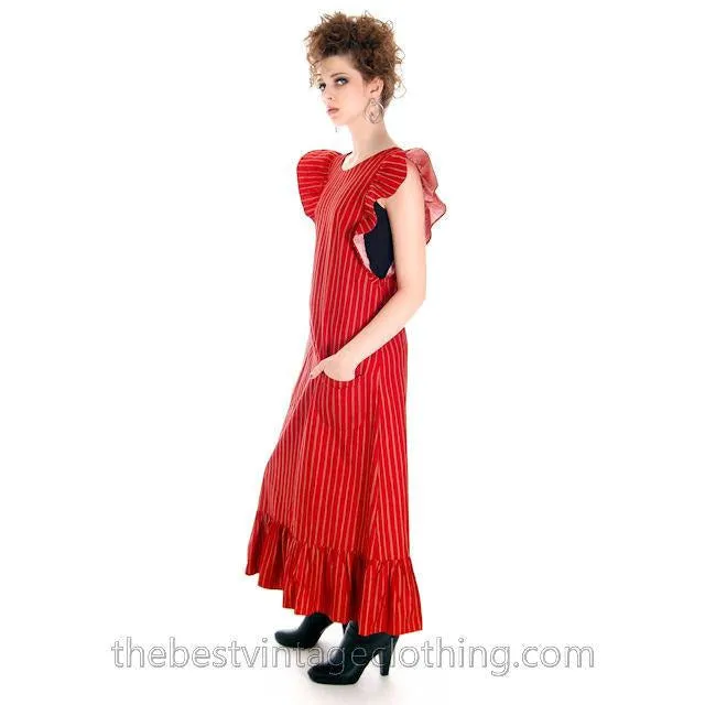 Vintage Marimekko Piccolo Dress Red Orange  Striped Cotton Jumper Tent Dress 1960s M L 42/14