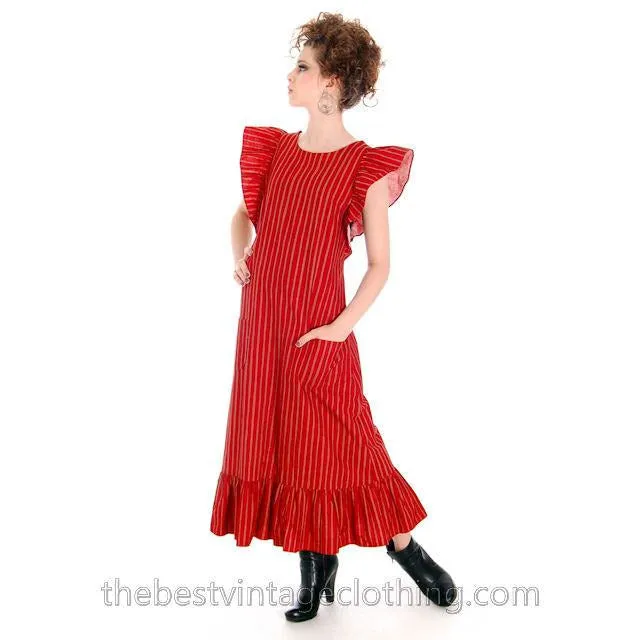 Vintage Marimekko Piccolo Dress Red Orange  Striped Cotton Jumper Tent Dress 1960s M L 42/14