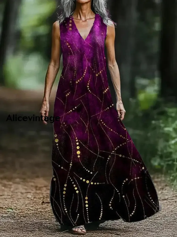 Vintage V-neck Bohemian Floral Print Elegant Chic Loose Midi Dress