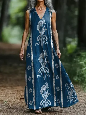 Vintage V-neck Bohemian Floral Print Elegant Chic Loose Midi Dress