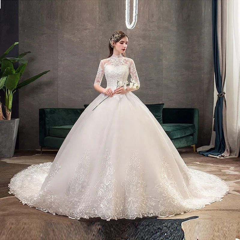 Wedding Dress With Big Train High Neck Half Sleeve Wedding Gown Vintage Bridal Gown