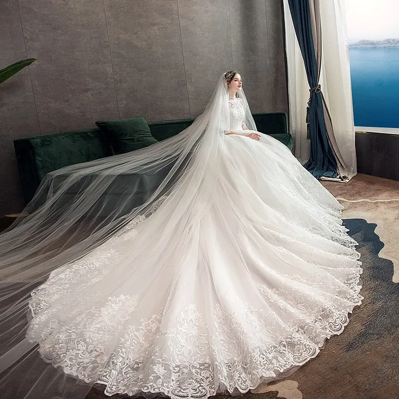 Wedding Dress With Big Train High Neck Half Sleeve Wedding Gown Vintage Bridal Gown
