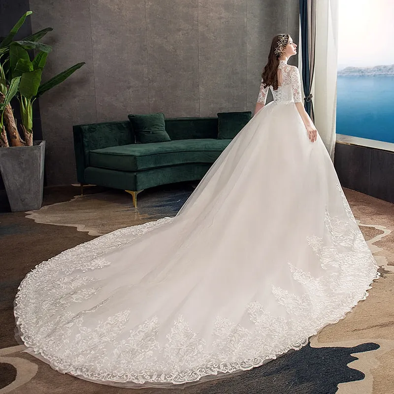 Wedding Dress With Big Train High Neck Half Sleeve Wedding Gown Vintage Bridal Gown