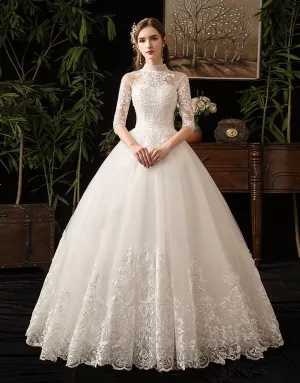 Wedding Dress With Big Train High Neck Half Sleeve Wedding Gown Vintage Bridal Gown