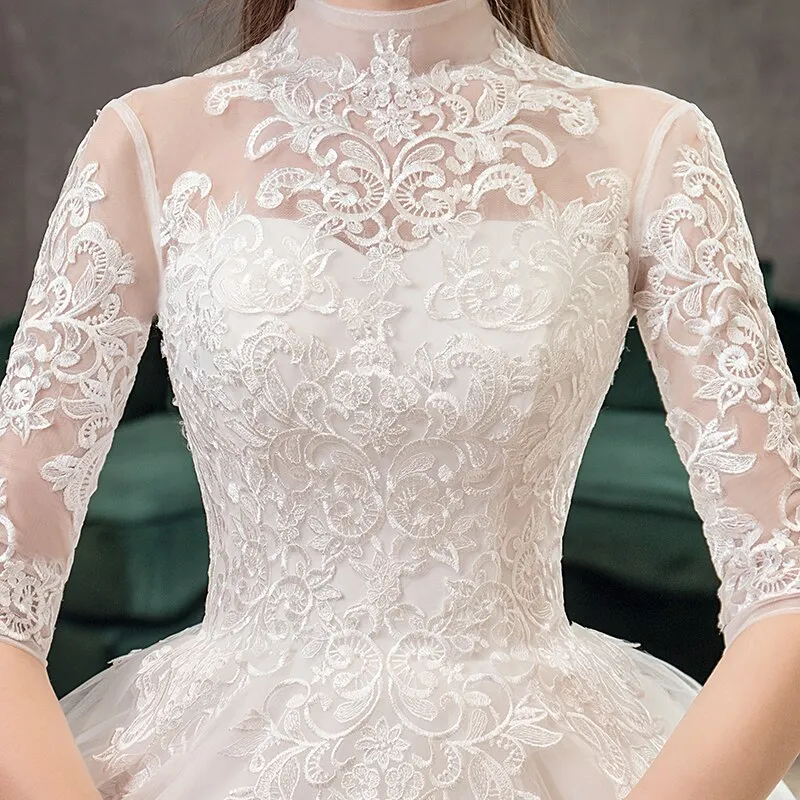 Wedding Dress With Big Train High Neck Half Sleeve Wedding Gown Vintage Bridal Gown