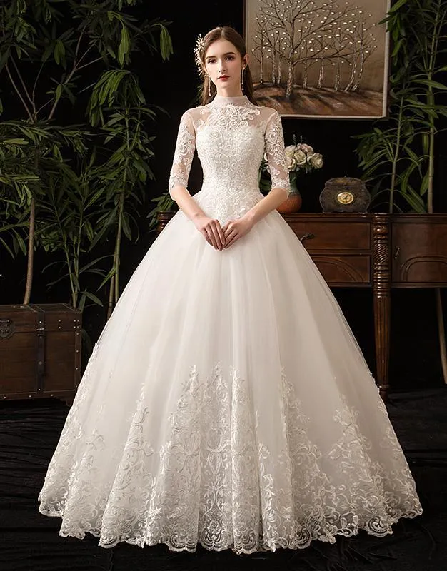 Wedding Dress With Big Train High Neck Half Sleeve Wedding Gown Vintage Bridal Gown
