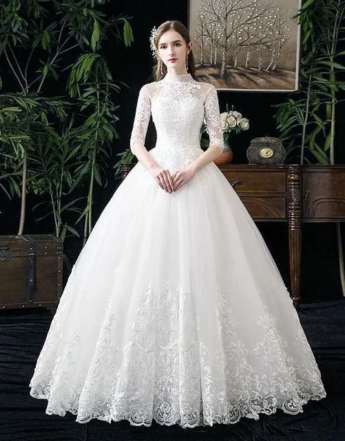 Wedding Dress With Big Train High Neck Half Sleeve Wedding Gown Vintage Bridal Gown