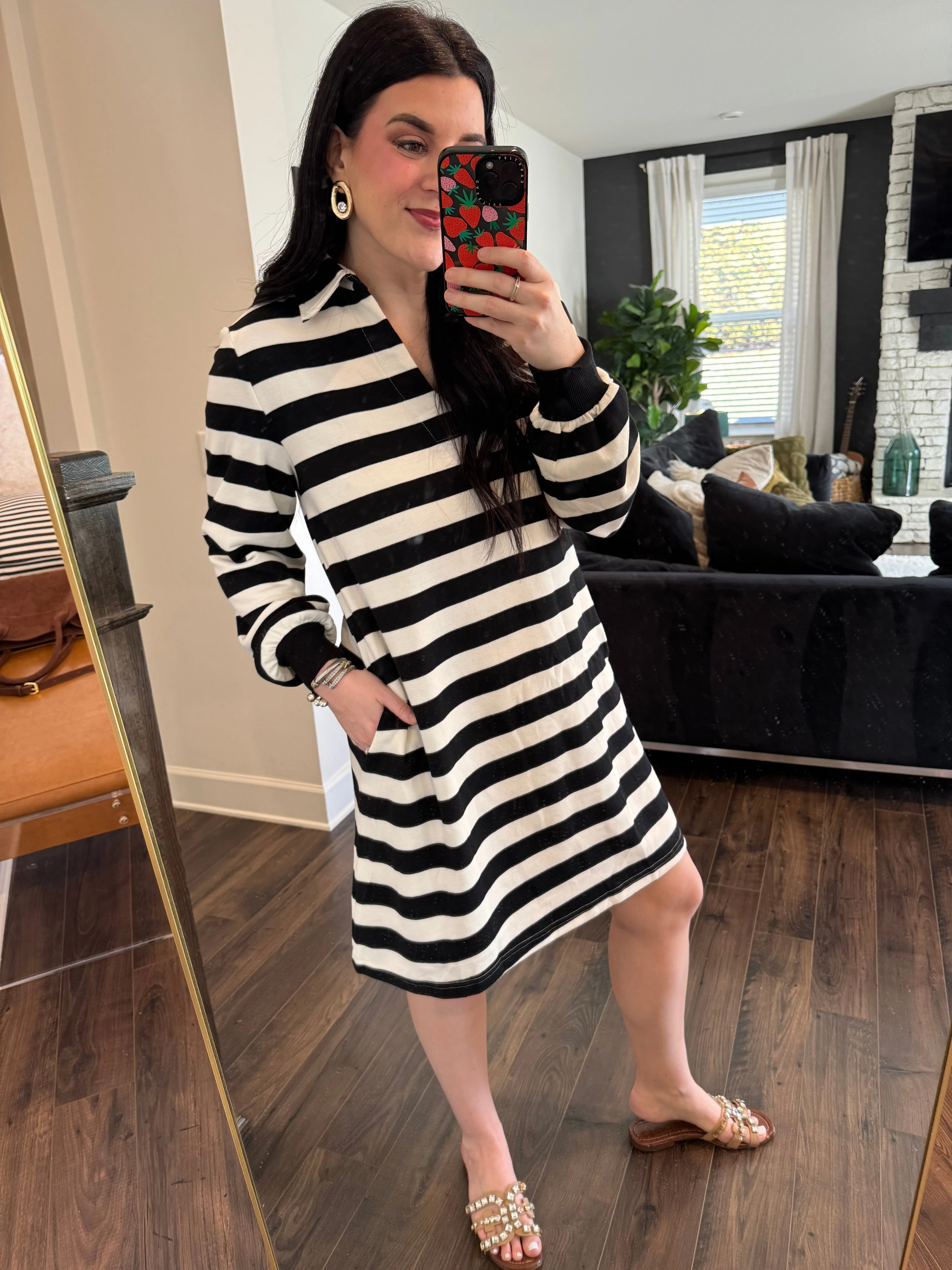 Wesley Contrast Striped Johnny Collar Long Sleeve Mini Dress