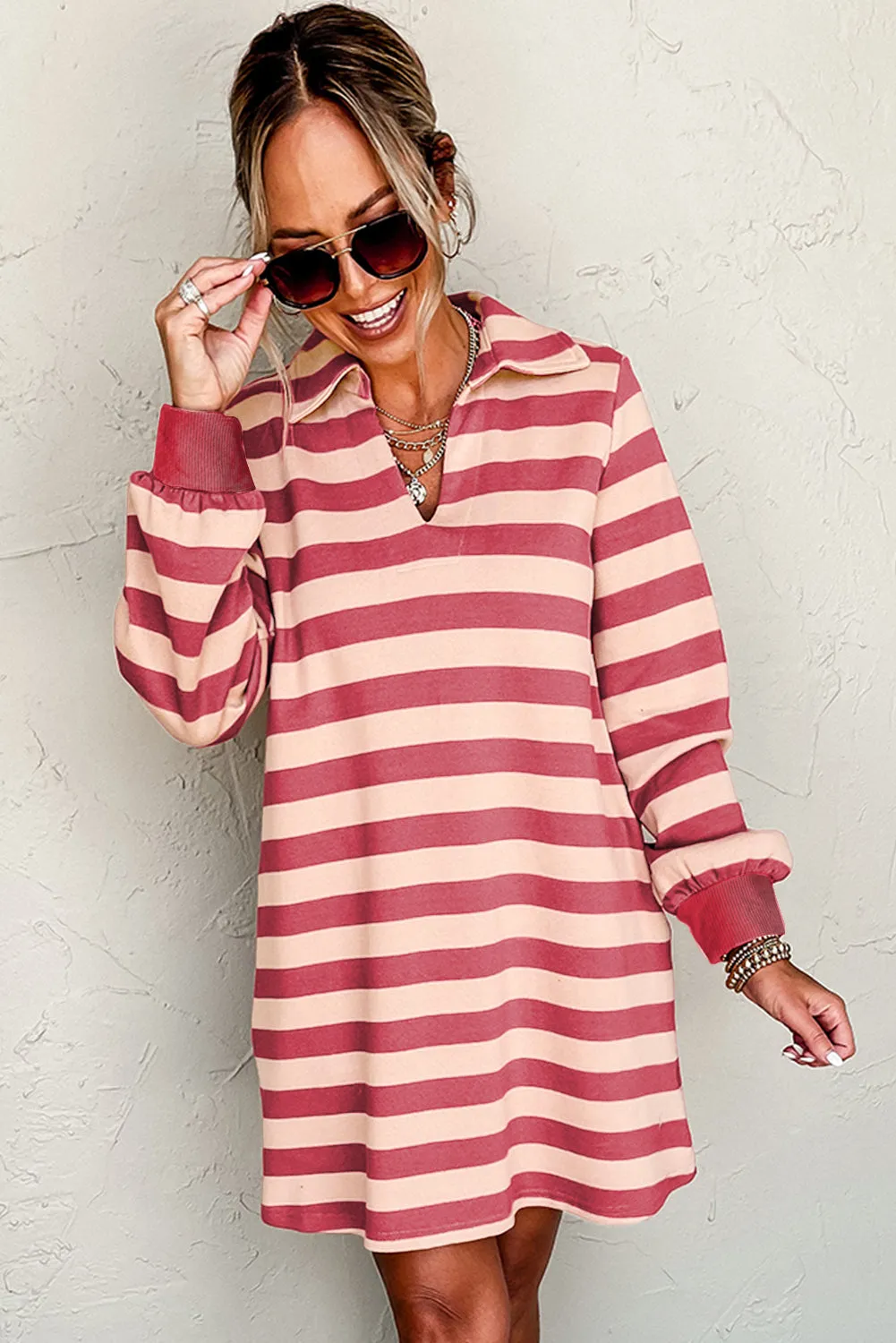 Wesley Contrast Striped Johnny Collar Long Sleeve Mini Dress
