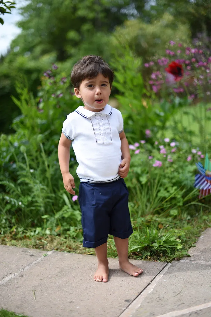 White Top and Navy Blue Shorts Outfit Set