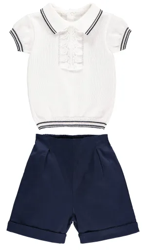 White Top and Navy Blue Shorts Outfit Set