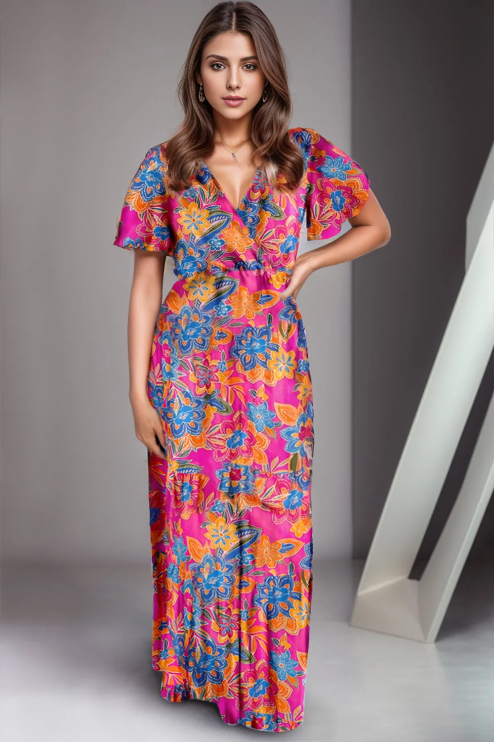 Winlyn Printed Surplice Short Sleeve Maxi Dress